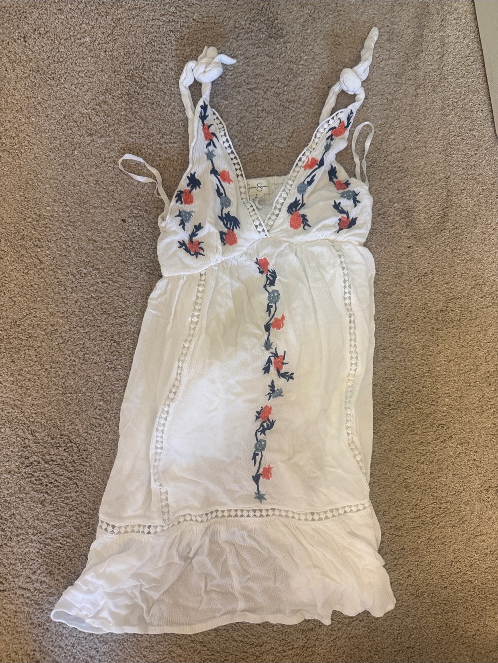 Jessica Simpson White Mini Dress with Coral & Navy Embroidery